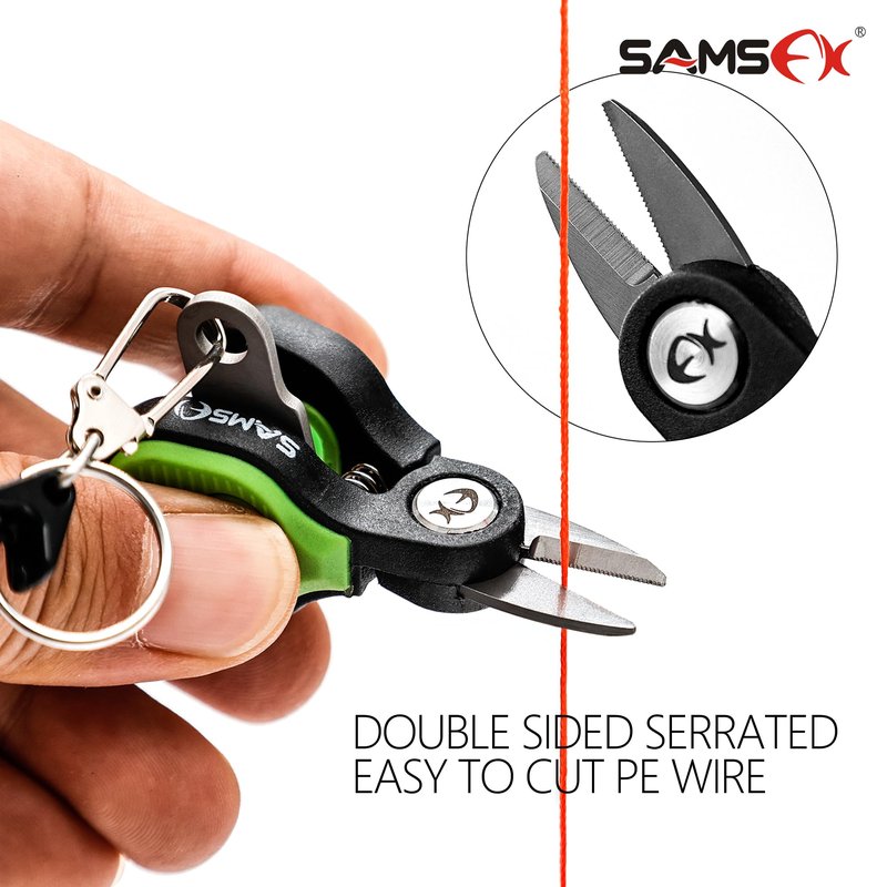 SAMSFX Fishing Nipper with Retractable Tether, Stainless Steel Blades that Cut Braid, Mono and Fluoro Lines, SNIP, Fishing Line Cutters (Green)