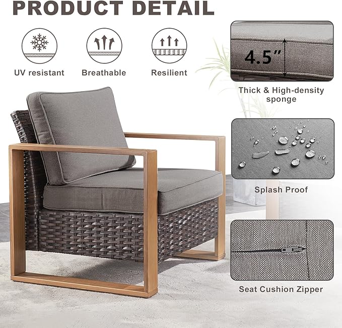 Rilyson Outdoor Wicker Patio Furniture Set - 5 Piece Patio Conversation Set with 2 Wicker Armrest Chairs,2 Rattan Ottoman and 1 Couch,Sturdy Frame,Thick Cushions,Deep Seating(Brown/Grey)