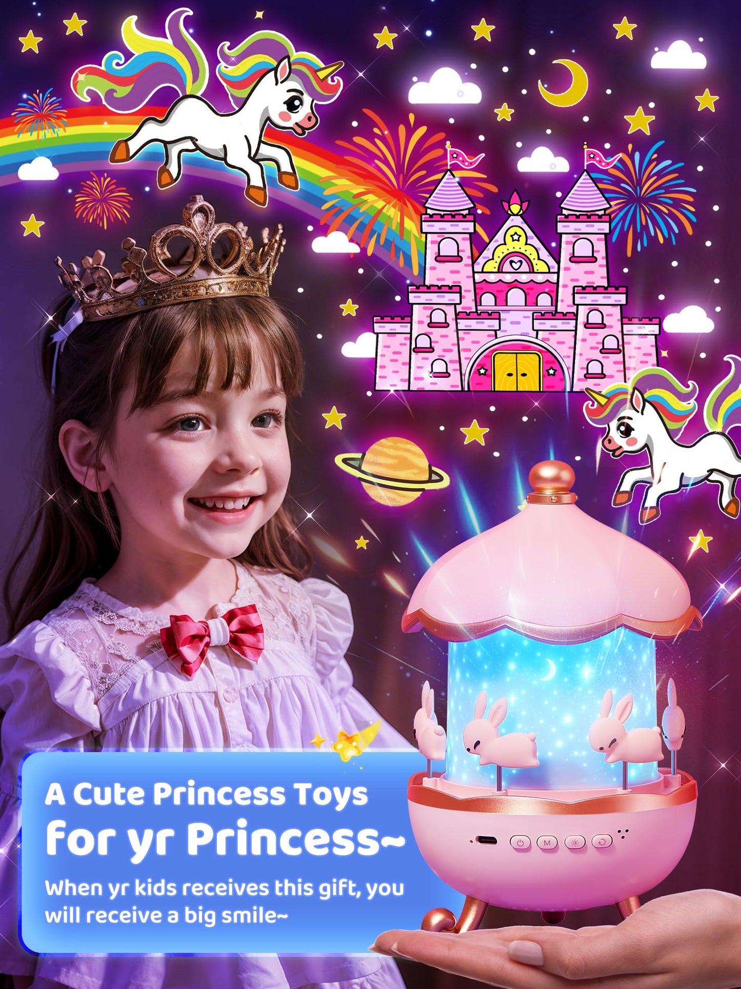 Unicorn Night Light for Kids, with 15 Films & 10 White Noises, Rechargeable 1200mAh Toddler Night Light with 360° Rotation, Remote Control Unicorn Gifts for Girls, Toys for 1 Year Old Girls