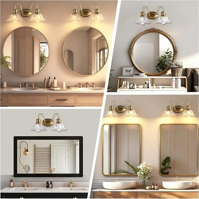2-Lights Bathroom Vanity Light Gold Vintage Light Fixtures Matte Antique Flower Floral Brass Crystal Glass Shade Wall Sconces Lighting for Living Room, Bedroom, Hallway（E26 Base）