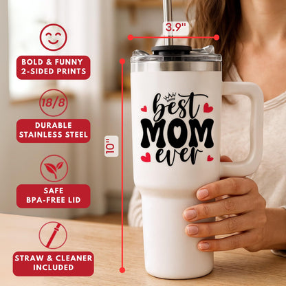 Christmas Gifts For Mom - Best Mom Ever Tumbler With Handle 40oz, Mommy Coffee Mug, Mama Tumblers, Momma Gift Ideas, Funny Birthday Present For Her, Cute Mother Day Gift Tumbler, Mom Cup