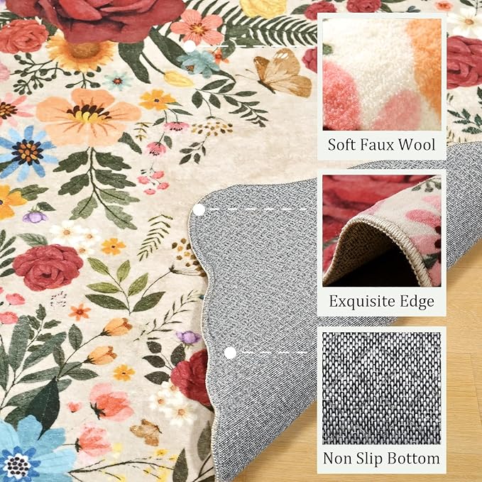 Washable Entryway Small Area Rugs: Door Mat Indoor Entrance 3x5 Floral Rug Ultra Thin Stain Resistant Non Slip Low Pile Lightweight Carpet for Kitchen, Front Door, Kids Room Decor (Beige)