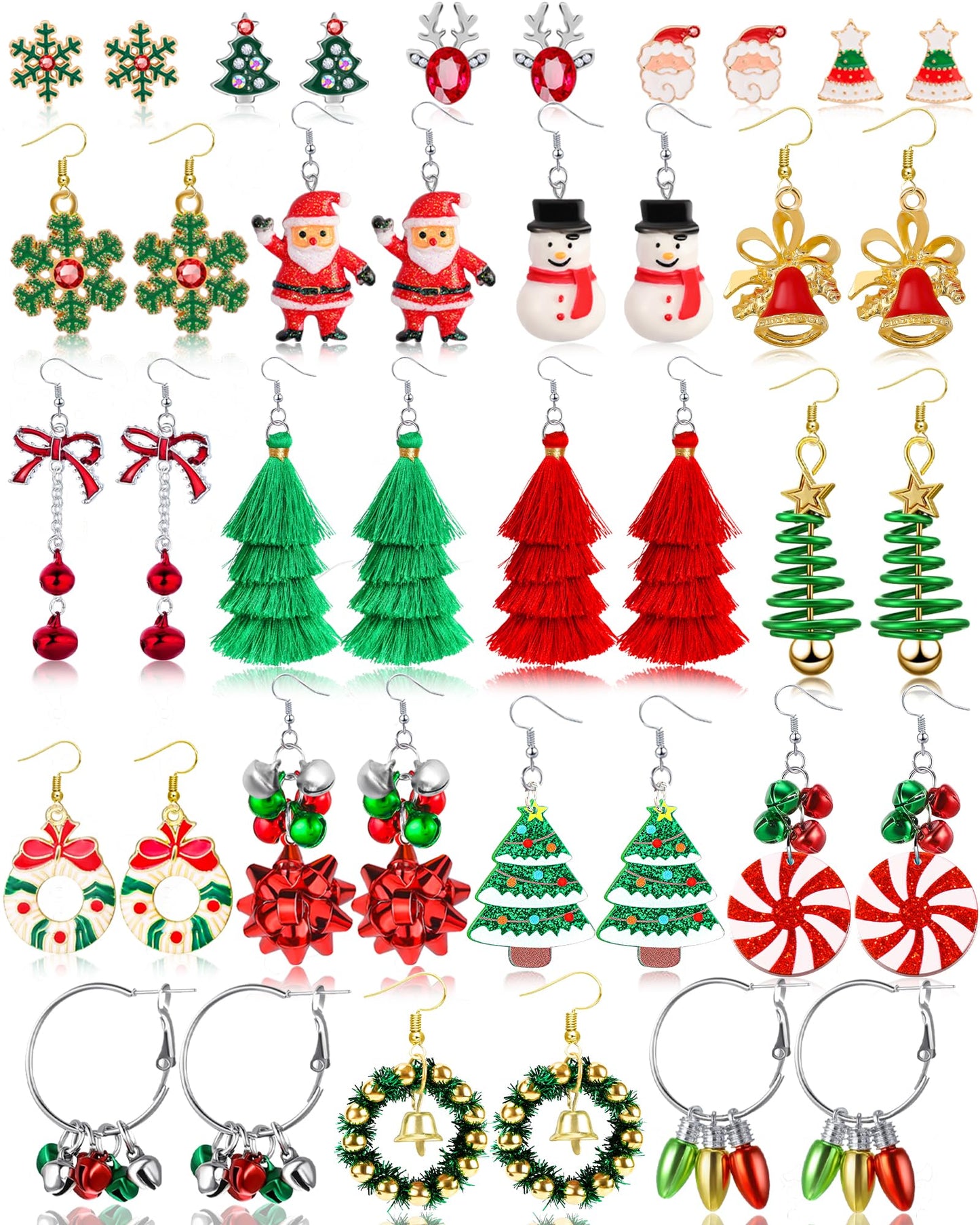 Natonhi 20 Pairs Christmas Earrings for Women, Holiday Xmas Dangle Earrings Bow Tree Bells Snowflake Light Earrings Studs Earrings Set for Bulk Girls Christmas Jewelry Gifts