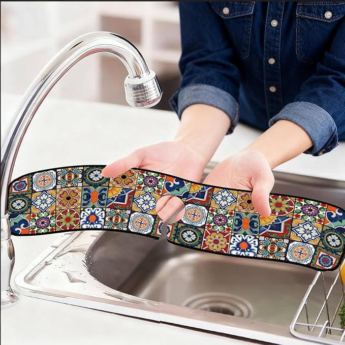 2 Pcs Kitchen Sink Splash Guard Faucet Mats Colored Bohemian Tiles Pattern