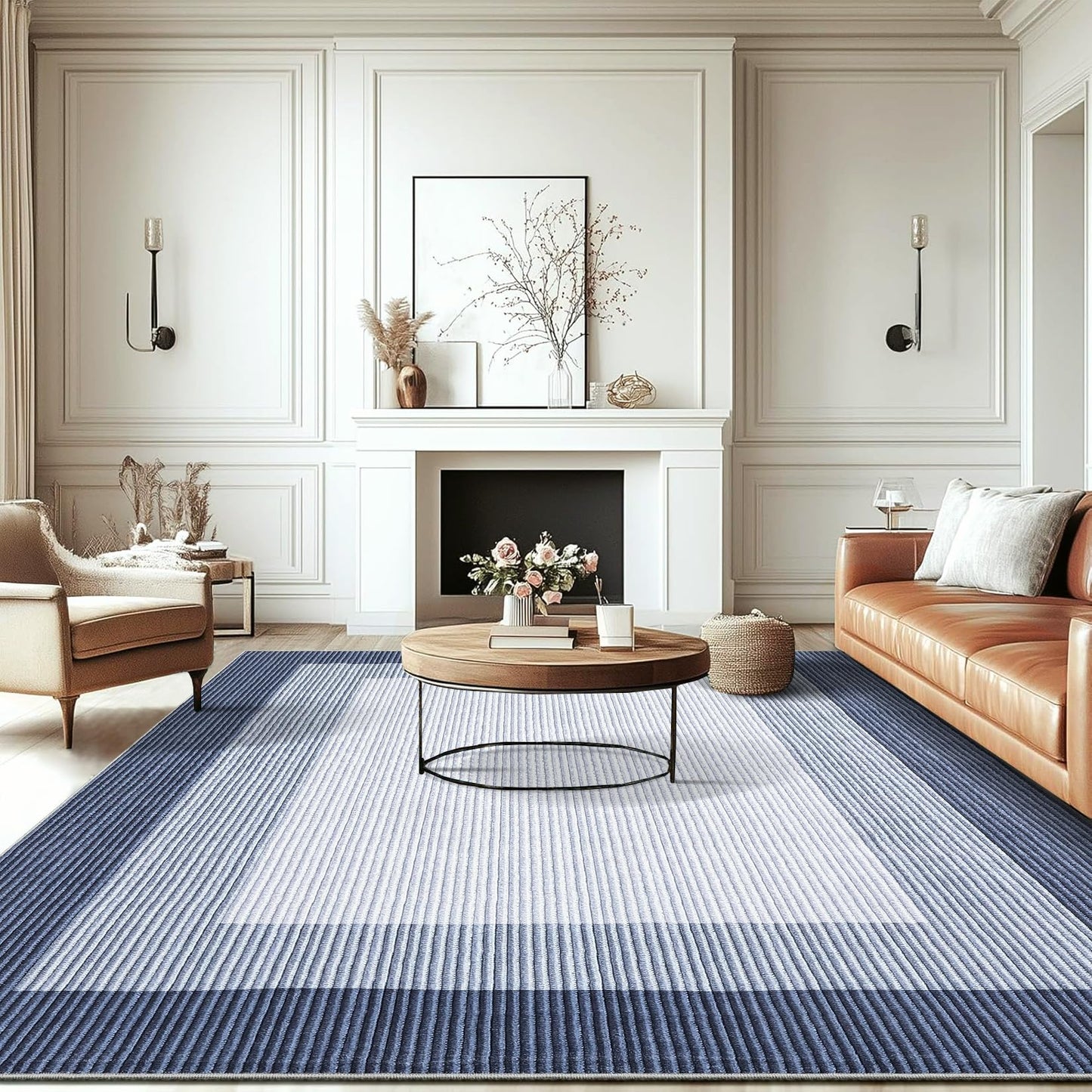 GarveeHome Washable Rug 8x10 Living Room Rugs, Modern Neutral Bordered Rug for Dining Room Solid Non Slip Low Pile Pet Friendly Large Carpet for Farmhouse Apartment Bedroom Dorm Blue
