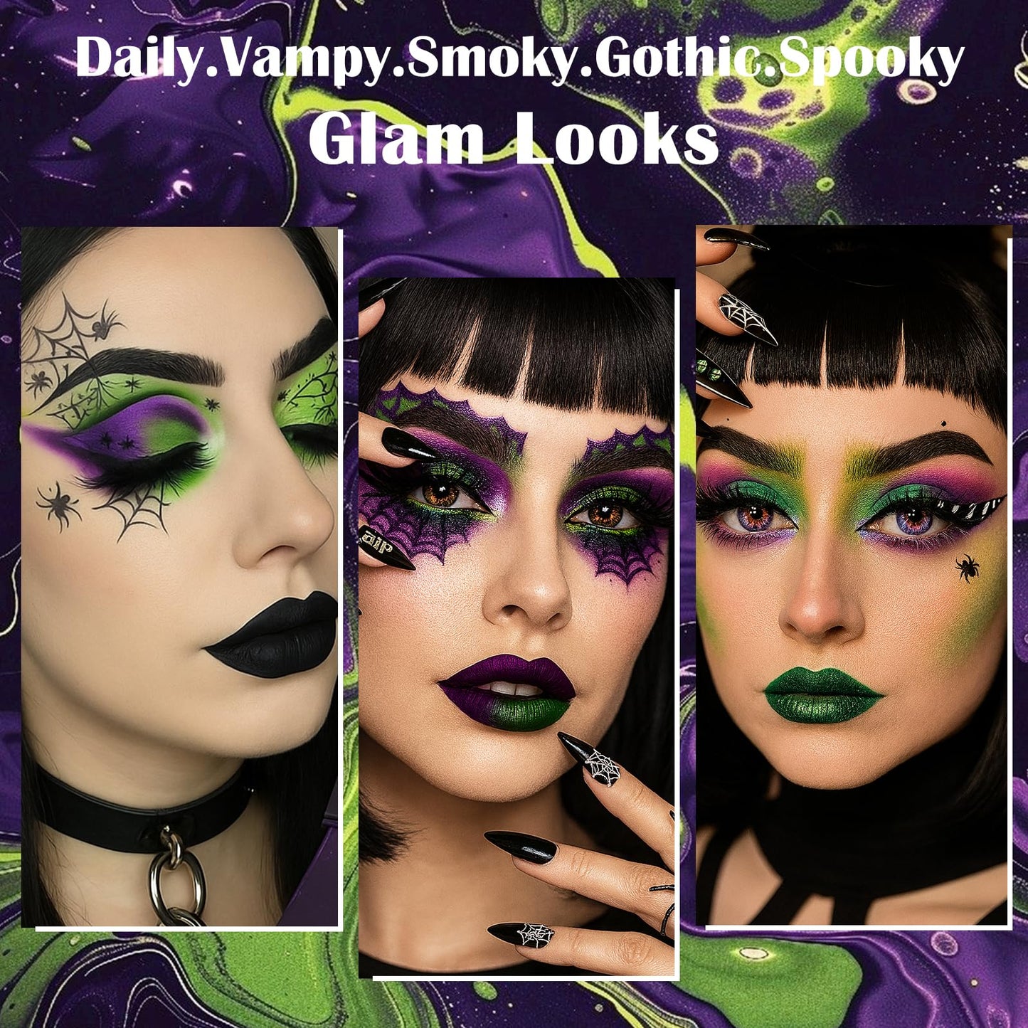 Green Purple Goth Eyeshadow Palette Makeup- 18 Colors Matte Shimmer Metallic Bright & Dark Smoky Gothic Eye Shadows for Halloween Christmas Grinch Witch Beetle-juice Ursula SFX Cosplay Costume Make Up