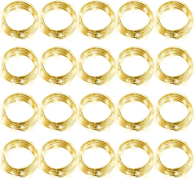 Hortsun 20 Packs Fairy Lights Battery Operated 3 Speed Modes, 7 Ft/ 2 M 20 LED Battery String Mini Waterproof Wire Twinkle Lights Bulk for Wedding Party Birthday Vases (Warm White)