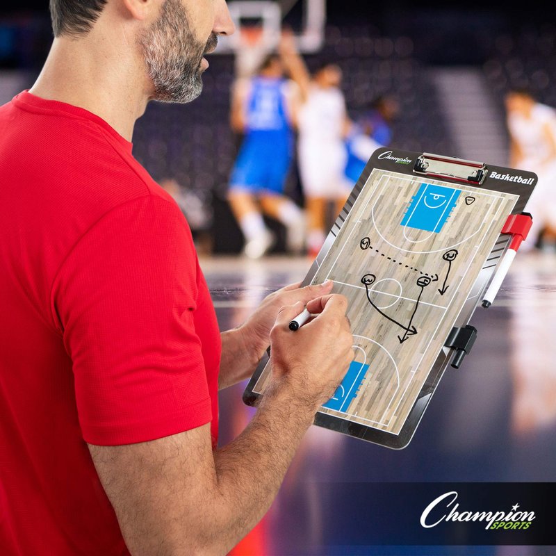 Champion Sports Dry Erase Clipboard for Coaching Basketball - Whiteboards for Strategizing, Techniques, Plays - 2-Sided Clipboards with Clip - Front Side Full Court - Backside Half Court and Lineup