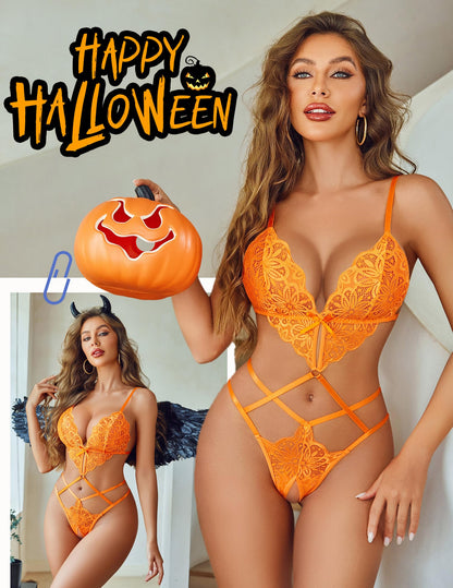 Avidlove Women Teddy Lingerie Lace Bodysuit Cross Straps One Piece Bodysuit Halloween Outfit