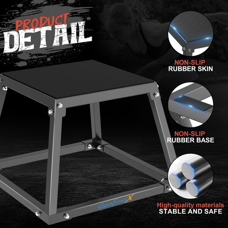 GanFindX Steel Plyometric Jump Box,12/13/18 Inch Heavy Duty Plyo Platform, Non-Slip Workout Step Box for Home Gym, Agility, Strength & Conditioning Training