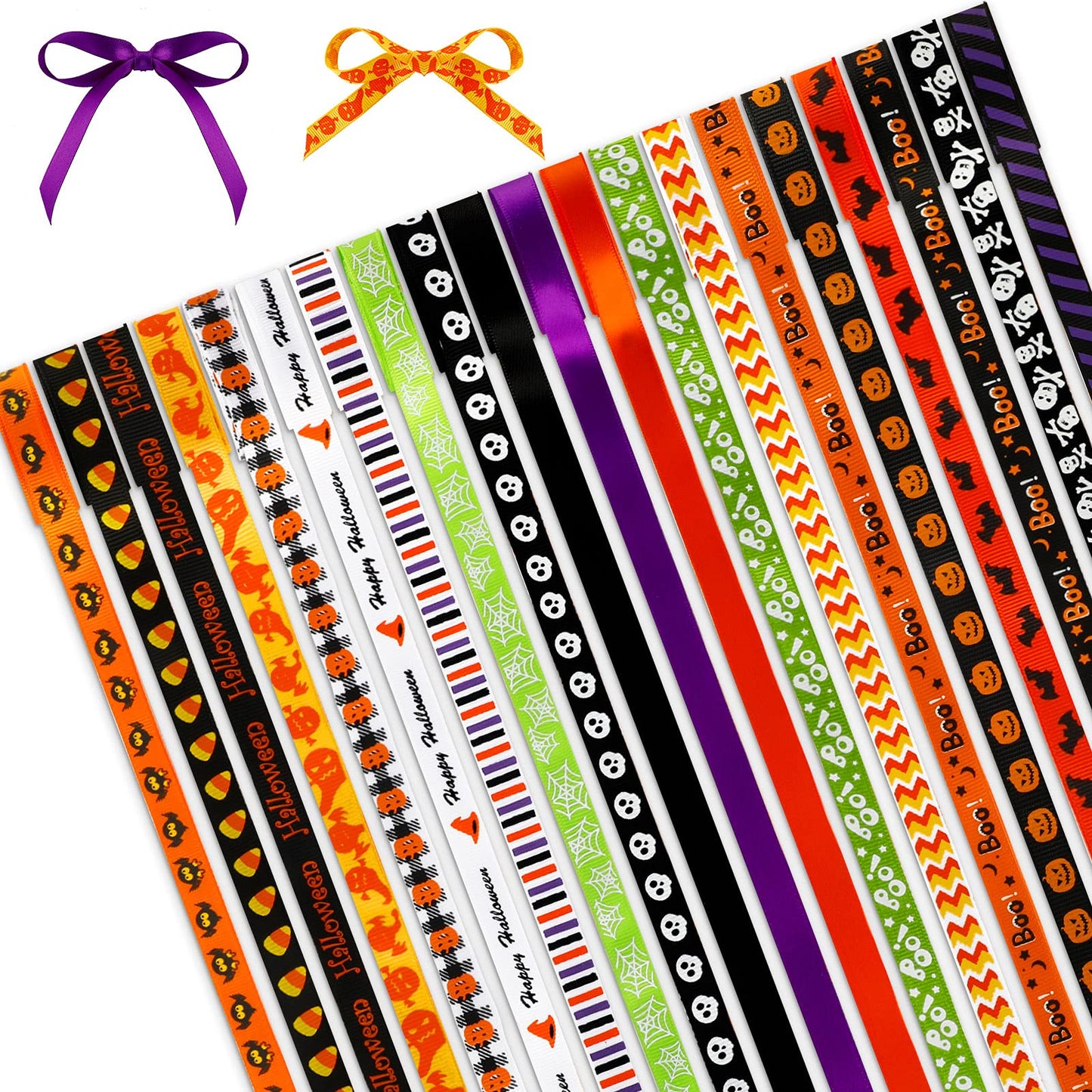 20 Rolls 40 Yards Halloween Ribbons Thin Grosgrain Ghost Skull Pumpkin Spider Witch Printed Ribbon 3/8" for Halloween Craft Wrapping Holiday DIY Party Decoration