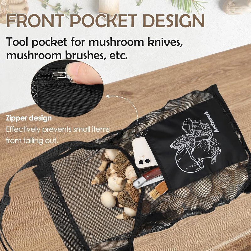Mushroom Foraging Bag - D-Shaped Opening Mesh Pouch for Morel Picking | Adjustable Shoulder Strap