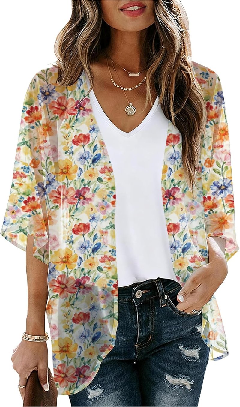 Beach Vacation Kimono Cardigan for Women - Puff Sleeve Loose Fit Cover Up | Casual Blouse Top