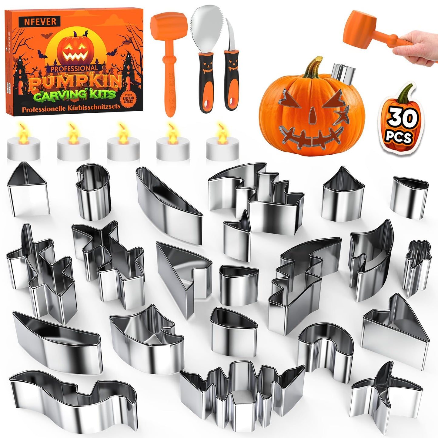 NFEVER Pumpkin Carving Kit Tools: 30PCS Pumpkin Carving Tools Set includes 22 Stainless Steel Stencils & Hammer & Spoon & Carve Knife & Candles - 2025 Halloween Gifts for Kids Safe DIY Decorating Kit