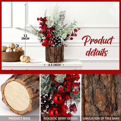 Small Christmas Tree Tabletop Artificial Mini Christmas Tree Decorations with Holiday Ornaments Red Berry Pine Cone Greenery for Home Indoor Fireplace Mantel Xmas Decor (2pcs -Tree Stump-Red)