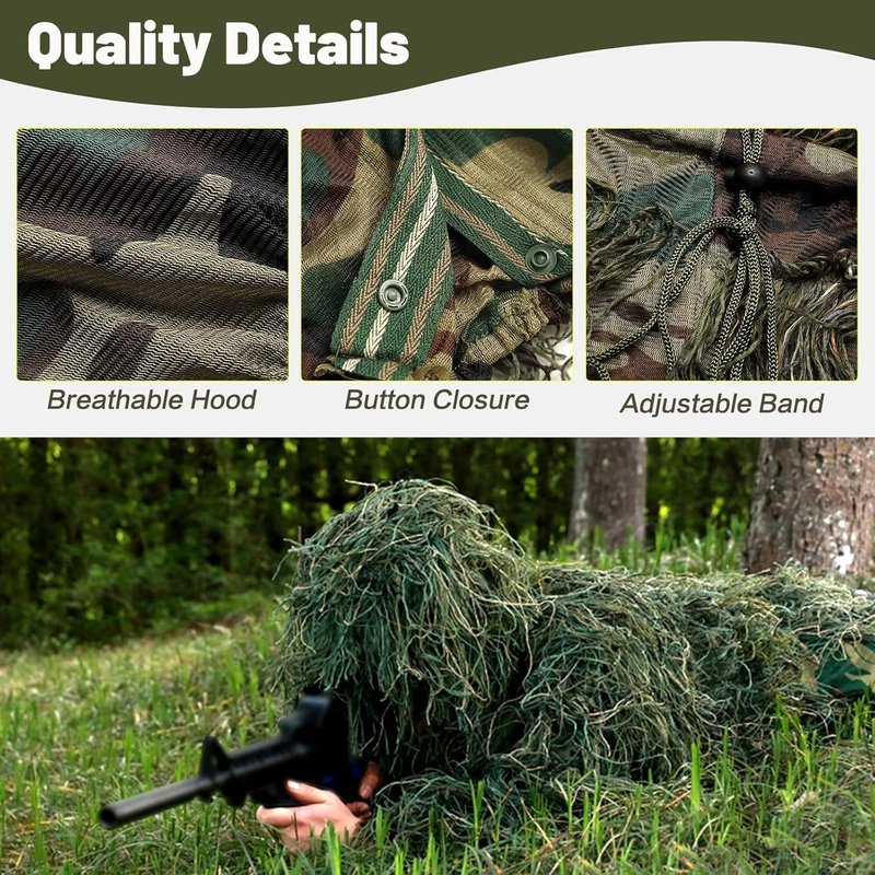MOPHOTO 5 in 1 Ghillie Suit 3D Camouflage Hunting Suits - Jacket, Pants, Hood, Carry Bag for Youth & Adults M/L/XL/XXL
