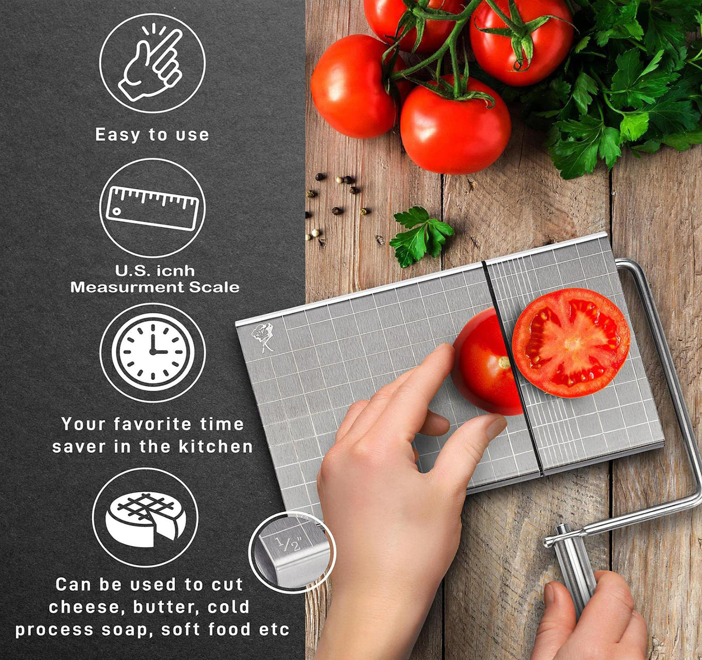 Cheese Slicer with Wire for Block Cheese - Adjustable Stainless Steel Cheese Cutter with Precision Scale, Ergonomic Design, 8 Replacement Wires - Perfect for Cheese Boards, Charcuterie, Kitchen Gadget