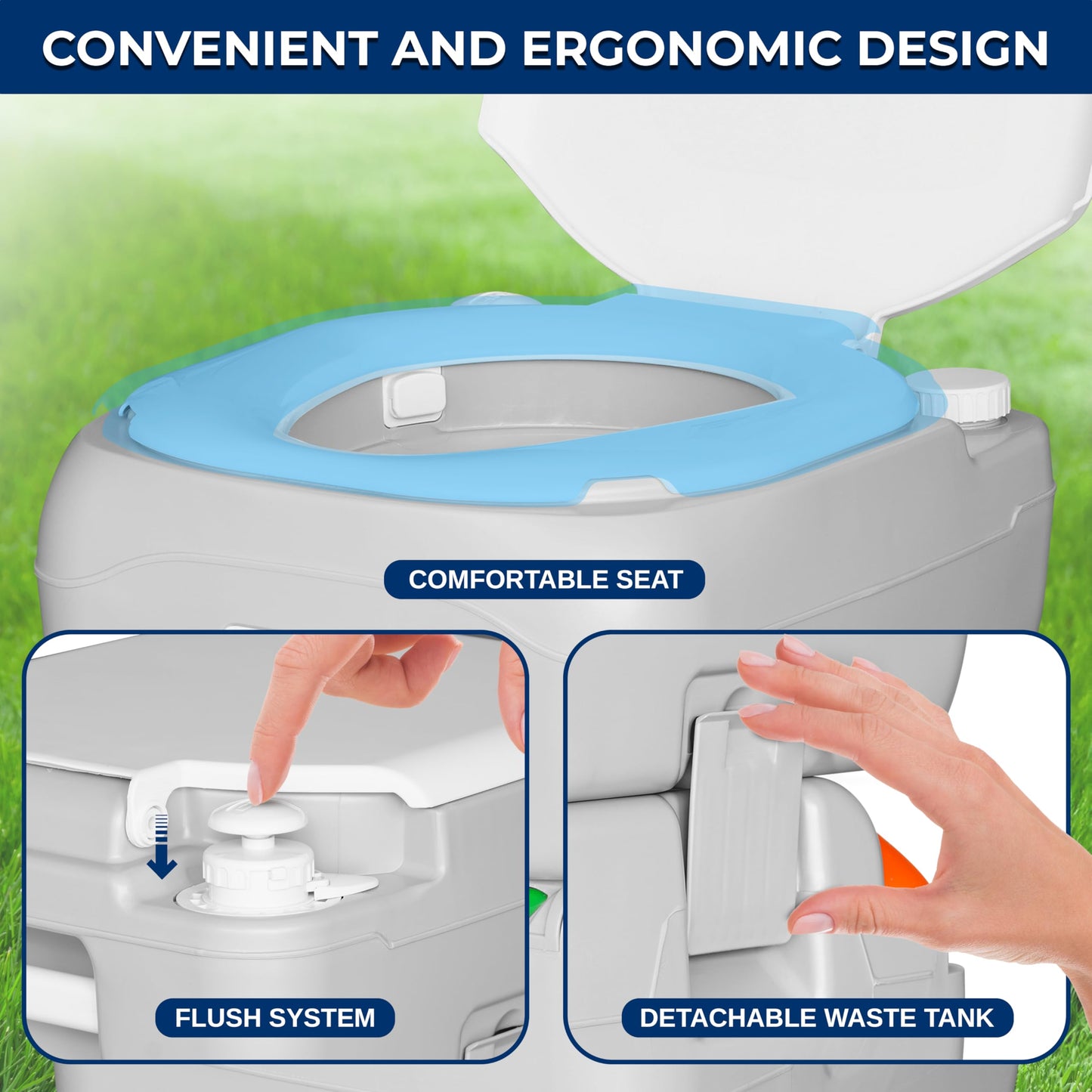 SereneLife 5.8 Gal Portable Toilet for Adults – Leak-Proof Camping Toilet with Detachable Waste Tank, Flush System, Level Indicator, Carry Bag & Hand Sprayer for RV, Tent, Hiking, Travel & Home Use