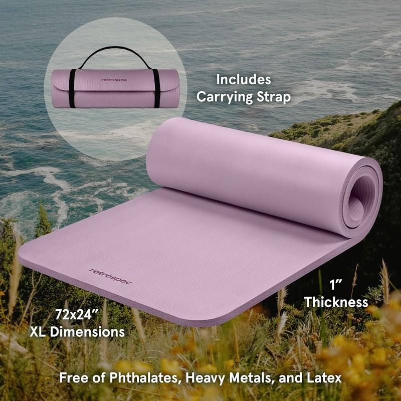 Retrospec Solana Yoga Mat - 1" Thick Non-Slip Exercise Mat for Home Yoga, Pilates & Fitness | Includes Nylon Strap