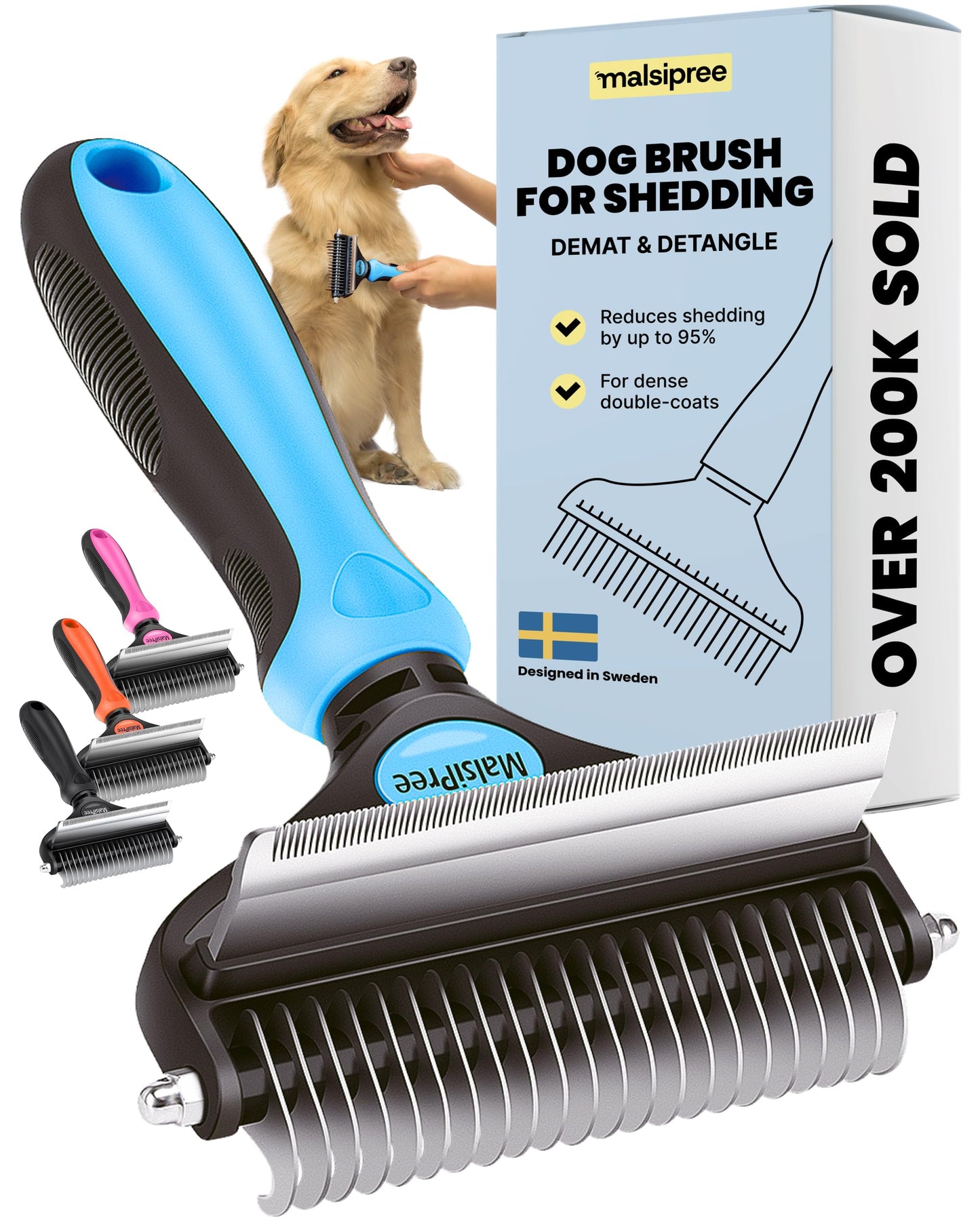 MalsiPree Dog Grooming Brush for Shedding - 2 in 1 Deshedding Tool and Undercoat Rake - Long and Short Haired Dog Brush, Cat Brush - Dematting Comb and Dog Brushes for Shedding (Large, Blue)