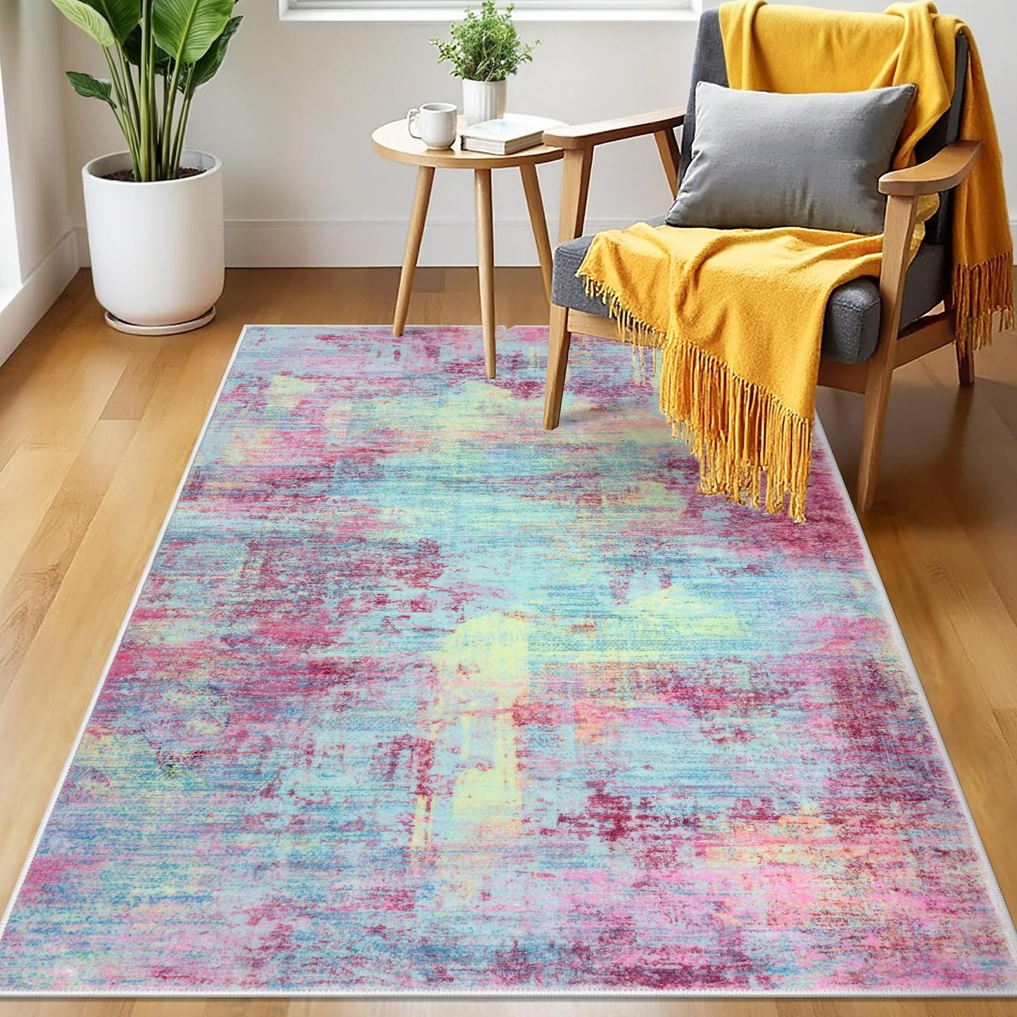 IOHOUZE Abstract Area Rug 3x5 Ft Washable Rugs for Entryway Indoor, Non Slip Kitchen Rug Printed Faux Wool Throw Rugs, Indoor Door Mat for Door Entrance Foyer Living Room, Pink Teal