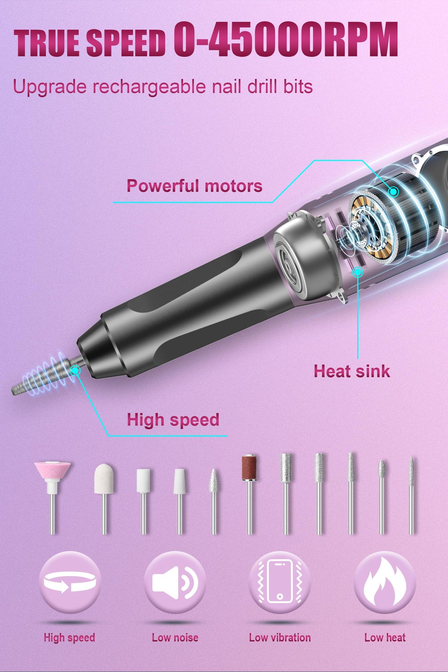 Electric Nail Drill Professional, 45000RPM Cordless Electric Nail File for Acrylic Gel Nails, Professional Nail Drill Manicure Pedicure Polishing Shape Tools for Home Salon