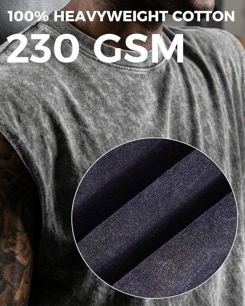 Men's Vintage Washed Muscle Tank Tops - 3 Pack Heavyweight Cotton Gym Shirts | Oversized Fit