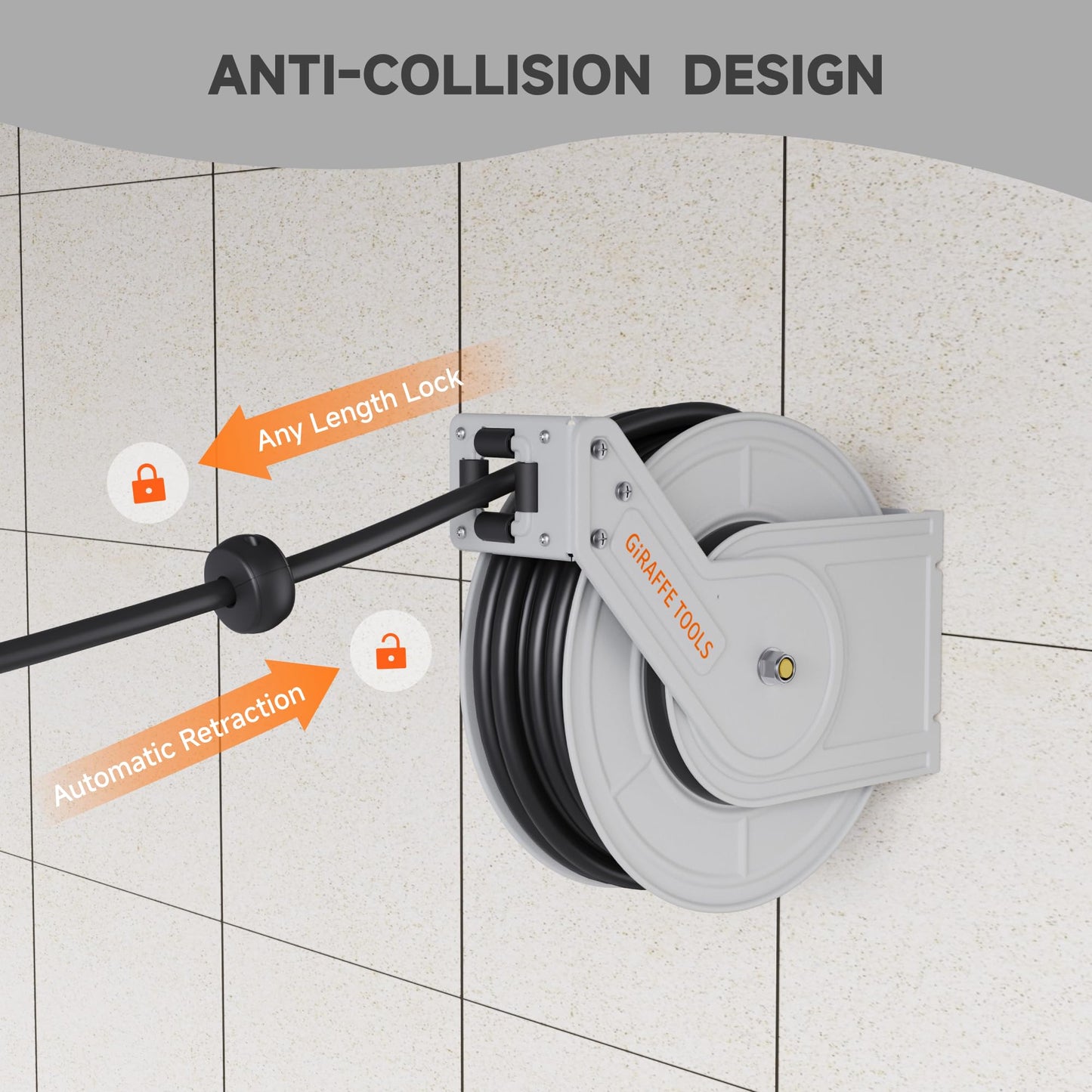 Giraffe Tools Pressure Washer Hose Reel 65ft, Power Washer Hose Reel, Pressure Washer Retractable Hose Reel, Heavy Duty, Wall/Floor Mounted, 3200 PSI, Silver