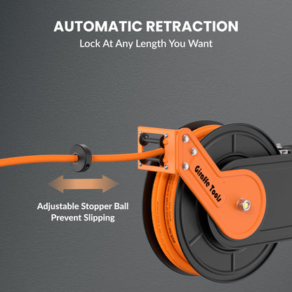 Giraffe Tools TA15 Retractable Air Hose Reel Swivel 3/8" x 50 ft Hybrid Hose, Max 300 PSI, Ceiling/Wall Mounted Heavy Duty Industrial Commercial Air Compressor Hose Reel, 50ft, Tangelo