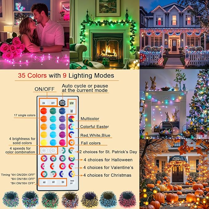 Color Changing Christmas String Lights with Remote, 35 Colors 66FT 200LED String Lights Outdoor Decoration, Connectable Fairy Lights Plug in for XMAS Tree Thanksgiving Christmas Decor, Green Wire