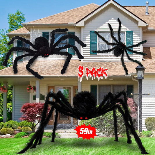 3 Pack Halloween Giant Spider Decorations, Realistic Large Spider Outside Fake Scary Hairy Spiders Sets for Indoor and Outdoor Decorations Haunted House Props Yard Party Garden Decor (59", 49”, 35”)