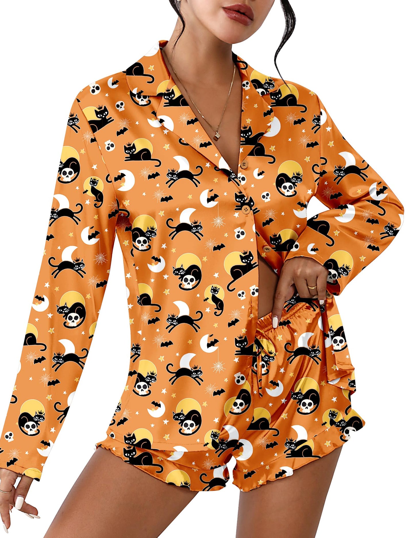 Ekouaer Womens Satin Pajama Sets Long Sleeve Top and Shorts Lounge Set Button Down Sleepwear Striped Halloween S