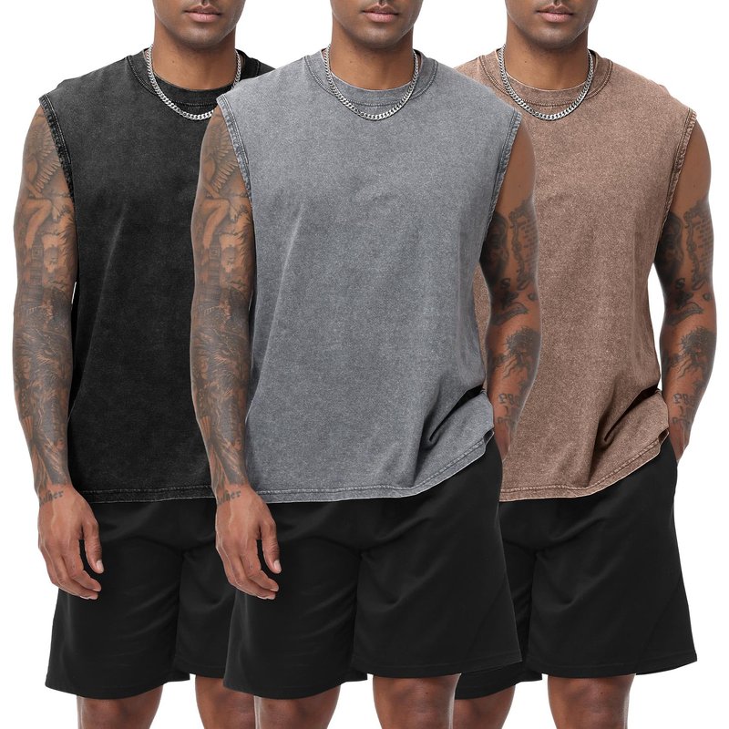 Eisctnd Men's Tank Tops Sleeveless Muscle Shirts, Cotton Acid Wash Loose Fit Workout Tanks Tees for Running Beach(Black+Coffee+Grey-XL)