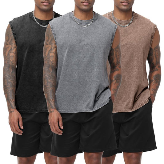 Eisctnd Men's Tank Tops Sleeveless Muscle Shirts, Cotton Acid Wash Loose Fit Workout Tanks Tees for Running Beach(Black+Coffee+Grey-XL)