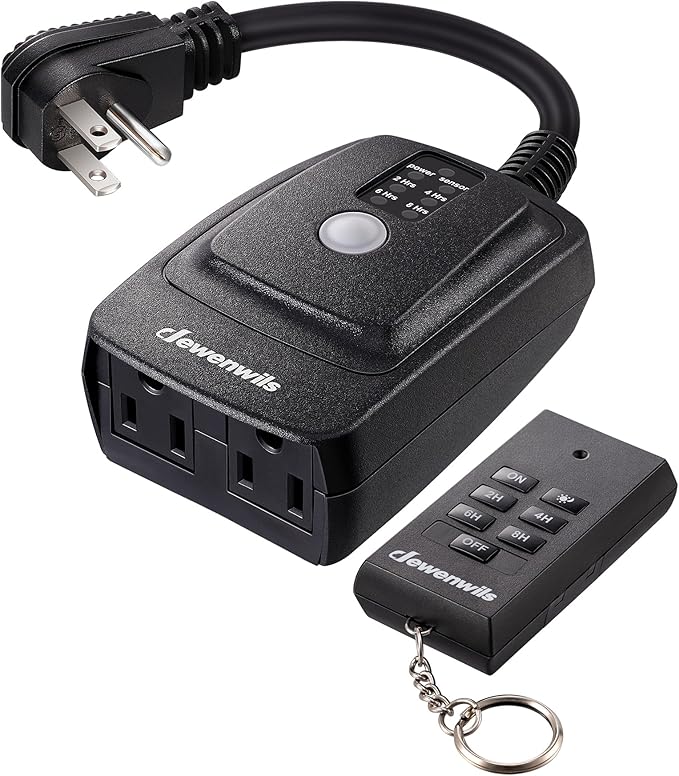 DEWENWILS Light Sensor Timer Waterproof, Plug in Timer Switch, 100 ft Range Remote Control with 2 Grounded Electrical Outlets for Halloween Outdoor String Lights, 15A 1/2HP UL Listed