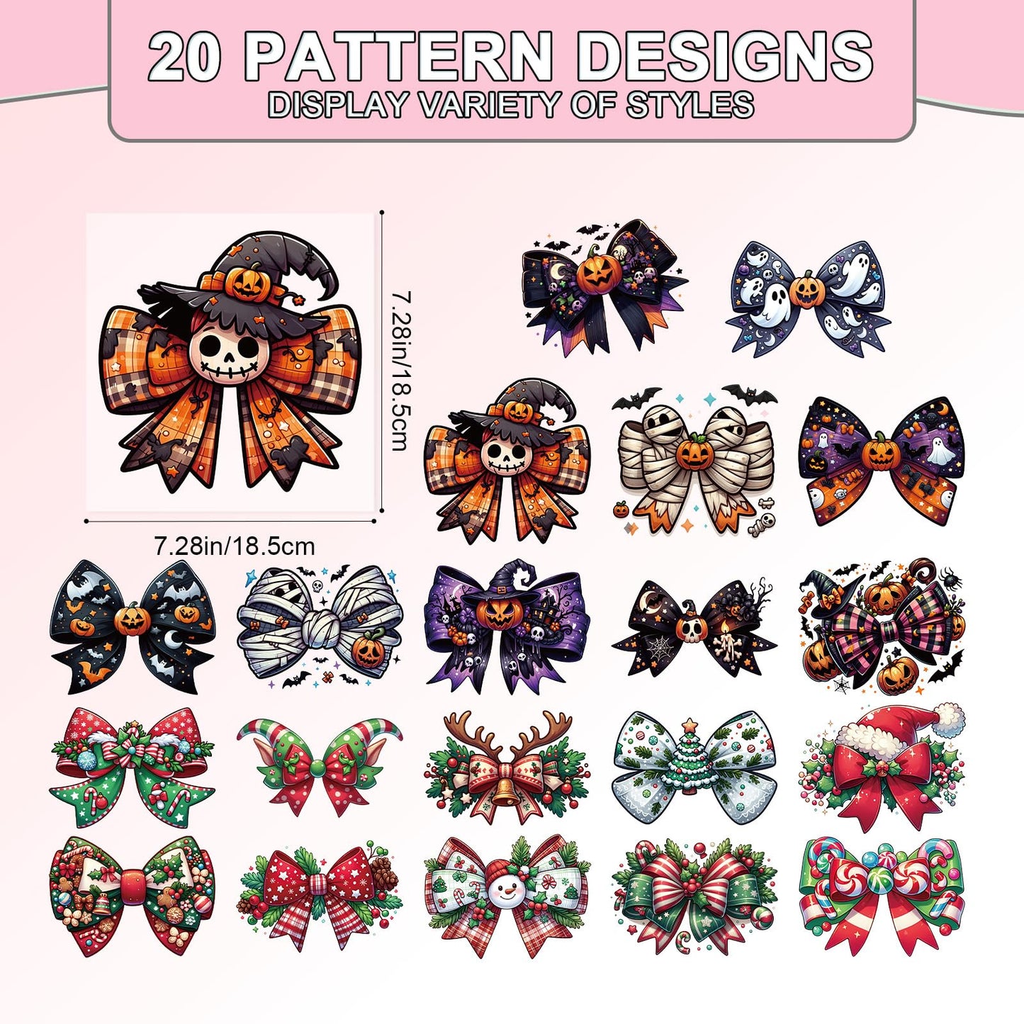 Shejdgart Dtf Transfers Ready to Press - 20 Pcs Halloween Christmas Bow Iron on Patches for T-Shirts, Pumkin Bat Heat Transfer Designs Vinyl Stickers, Iron on Decals for Clothes Bags, DIY Party Décor