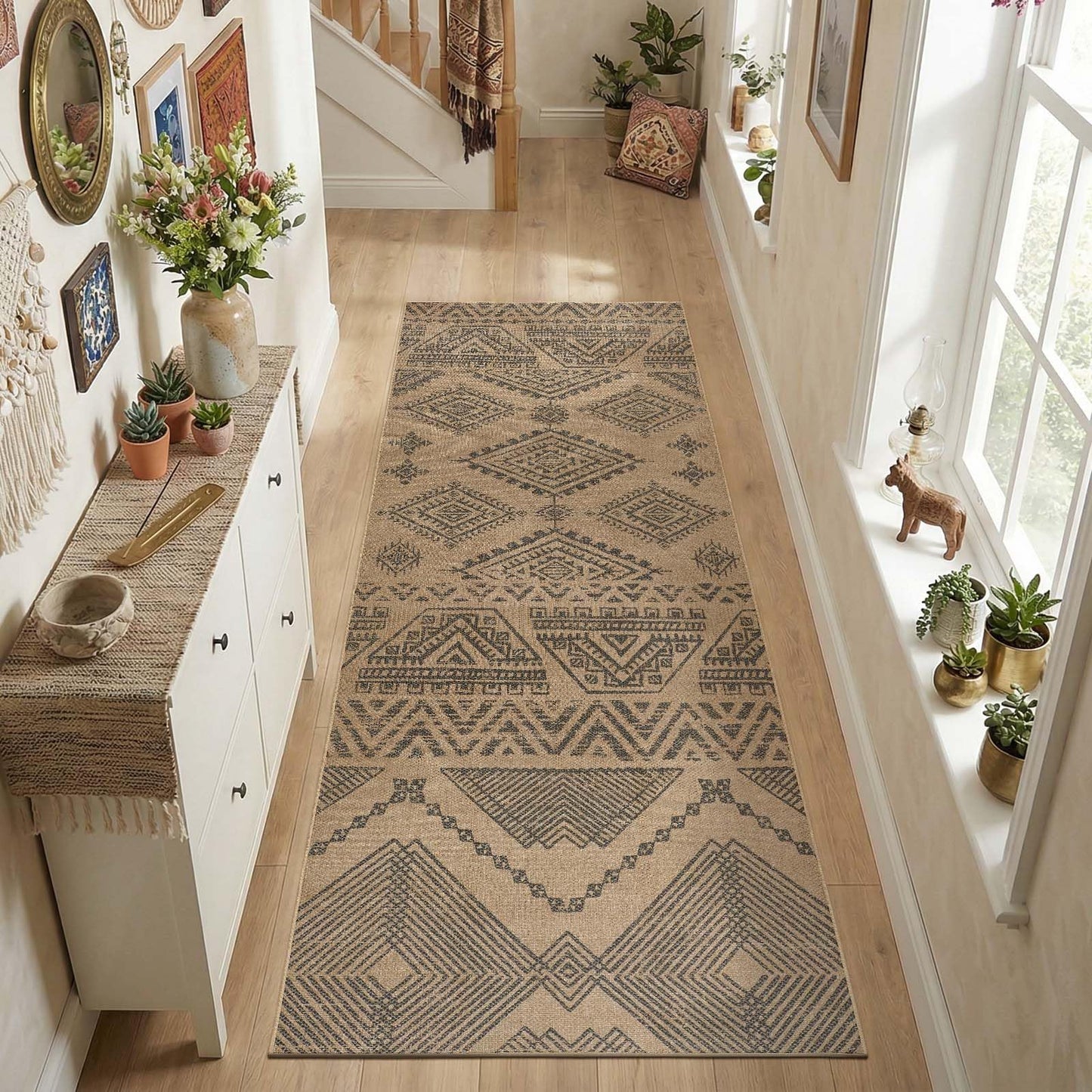 jinchan 3x8 Washable Faux Jute Runner Rug, Boho Southwestern Geometric Long Runner Rug with Natural Fiber Look, Low-Pile Non-Slip Floor Mat for Hallway Kitchen Living Room Entryway, Natural Charcoal