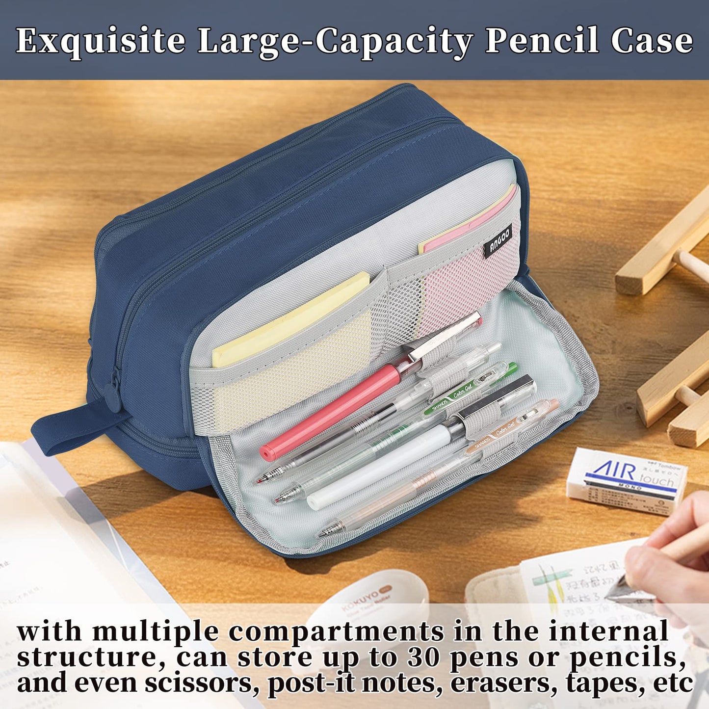 Tesmien Pencil Case, Large Pencil Case with 4 Compartments Stationery Organizer for Boys and Girls, Aesthetic Pencil Bag Suitable for Kids Teenagers Students Women Men, Dark Blue