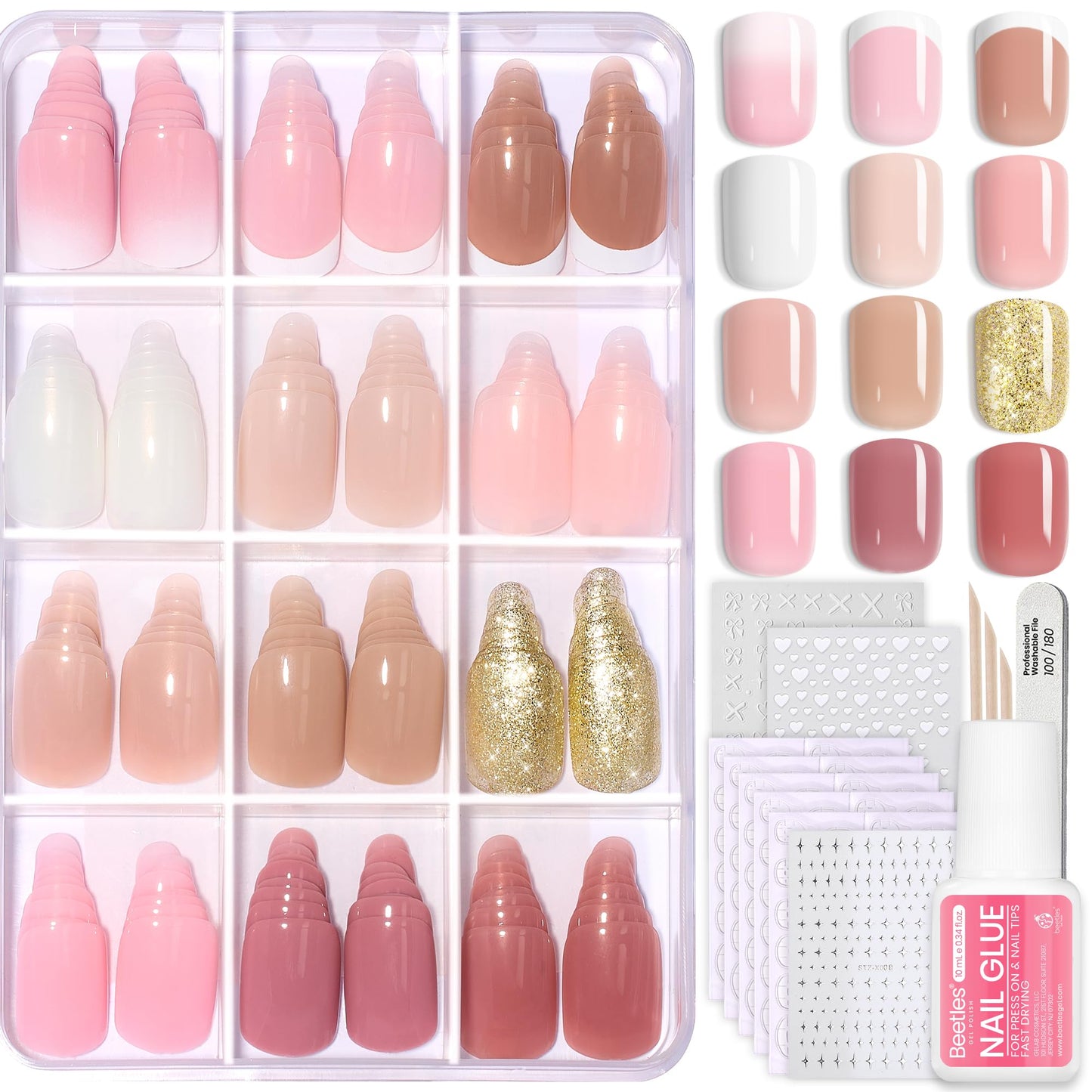 Beetles Press on Nails Kit 720Pcs 24 Colors, Press on Nails Short Almond Glossy Matte Glitter With Nail Glue & Nail Tabs Stickers, Natural Fit Lightweight Fake Nails Kit Art For Women Girls