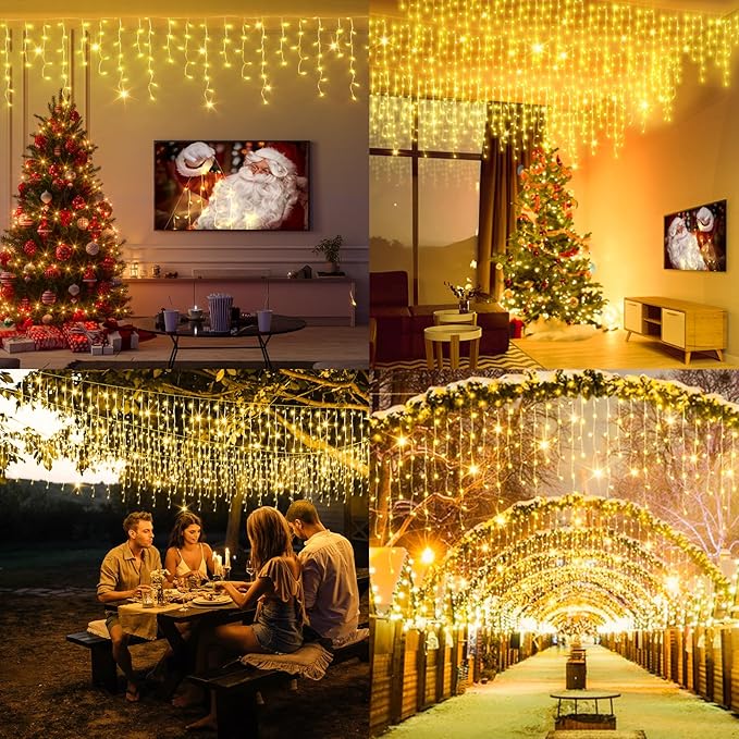 65 FT 640 LED Christmas Lights Outdoor Decorations Clear Wire String Lights Plug in 120 Drops 8 Modes Memory Timer Connectable Curtain Fairy Lights Waterproof for Holiday Wedding Party-Warm White