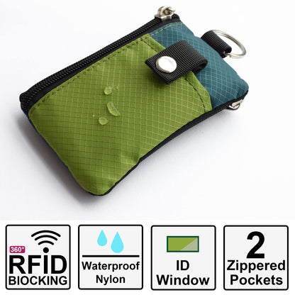 CHENSPRX Minimalist RFID Blocking Small Wallet with ID Window,WaterResistant Zip Id Case Wallet with Lanyard Keychain for Cards,Cash,Travel,Women,Men (GreenOnion+DarkGreen)