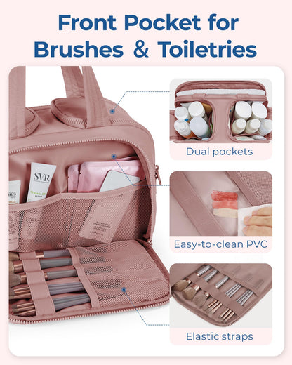 BAGSMART Travel Toiletry Bag, Lightweight Large Wide-open Travel Bag for Women, Puffy Cosmetic Makeup Bag Organizer with Handle for Accessories,Essentials, Toiletries, Dark Pink