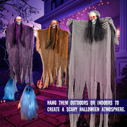 Halloween Decorations,3 Pack Halloween Hanging Skeleton Ghosts with Lighted Up Eyes,Scary Colourful Cloth Grim Reapers for Indoor,Outside Yard Lawn,Haunted House Prop,Party Supplies