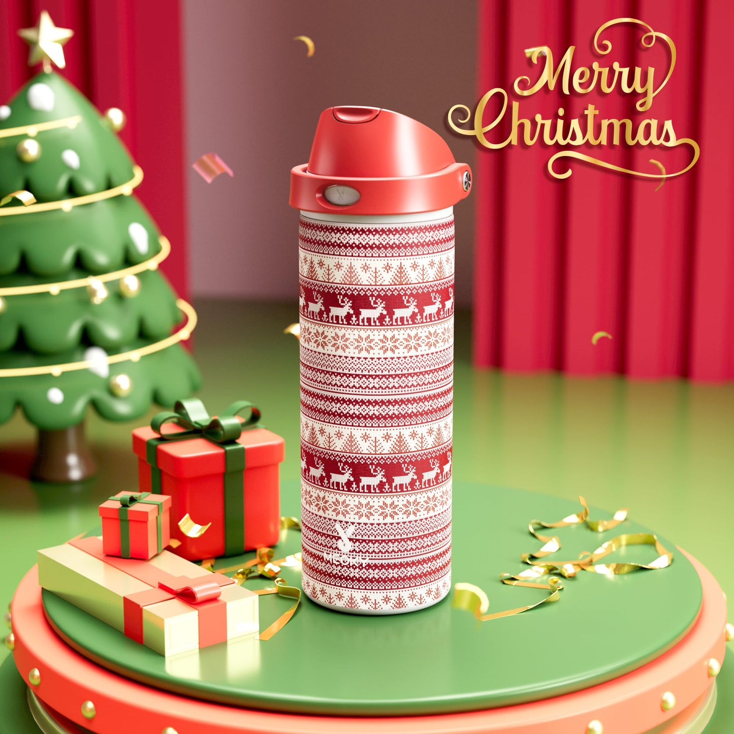 24 oz Insulated Water Bottle for Christmas: Meoky Stainless Steel Water Bottle with Straw and Spout Lid - Leak Proof, Cold for 24 Hours, Fits in Car Cup Holder, Christmas Gifts for Adults, Merry Trio