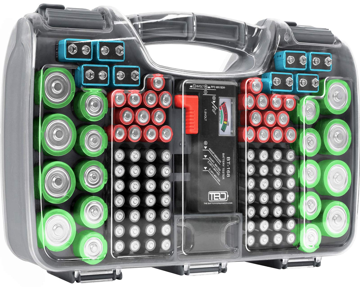 The Battery Organizer, Battery Storage Organizer Hinged Clear Cover with Locking Lid, Holds 180 Batteries, Includes a Removable Battery Tester, Holder for Garage Organization, Charcoal