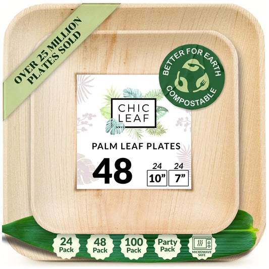 Chic Leaf Compostable & Biodegradable Palm Leaf Disposable Bamboo Plates for 4th of July- Disposable Party Plates for Appetizers - Camping Essentials - Reusable Party Supplies (10 & 7 Inch Square)