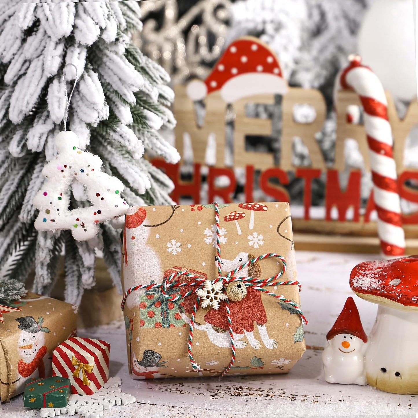 WRAPAHOLIC Kraft Christmas Wrapping Paper - Mini Roll - 17 Inch x 33 Feet - Snowman and Christmas Dog Wrapping Paper for Holiday, Party Celebration
