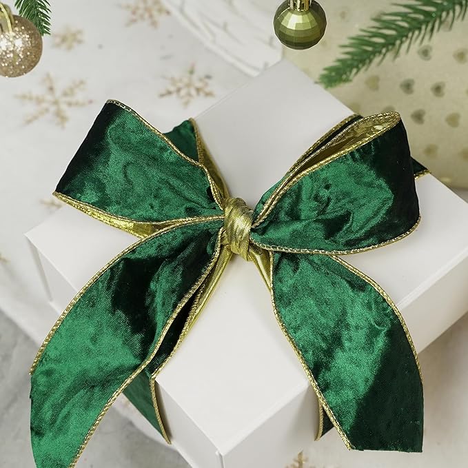 MEEDEE Crushed Green Velvet Ribbon with Gold Back 2.5 inch Double Sided Christmas Wired Ribbon 10 Yards for Christmas Tree Decoration, Baskets, Wreaths, Holiday Projects, Wedding Decor and Accents