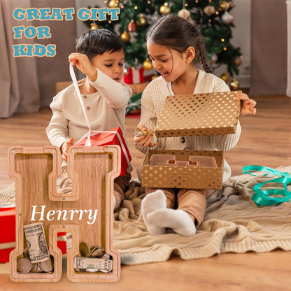JOOMLAFLY Wooden Letter Piggy Bank for Kids - Personalized Initial Coin Bank for Boys and Girls
