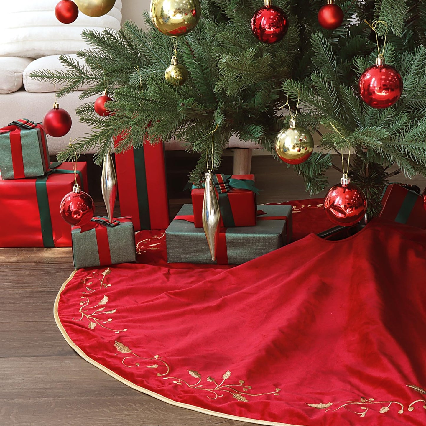 Bunny Chorus Christmas Tree Skirt, 48 inches Red Luxury Velvet Plush Fur Skirts with Gold Embroidered Holly Leaf for Rustic Xmas Tree Holiday Decorations